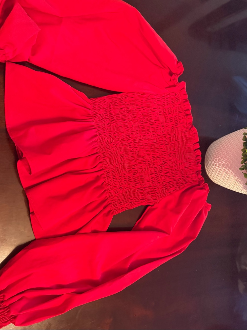 Red Off-Shoulder Smocked Peplum Blouse